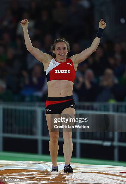 Nicole Buchler of Switzerland celebrates breaking the Swiss record in the Women's Pole Vault Final during day one of the IAAF World Indoor...