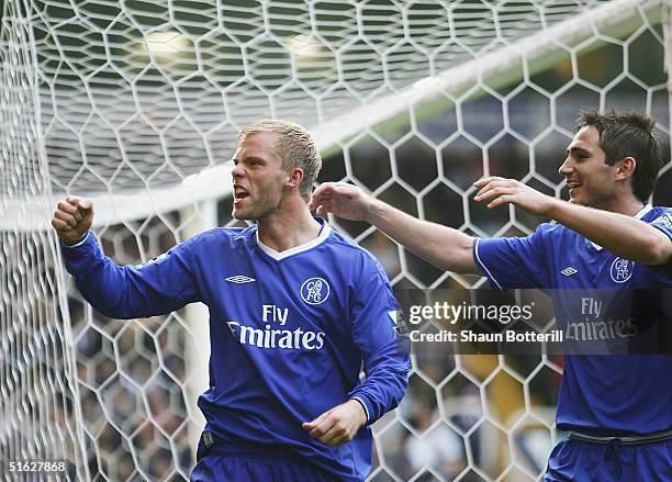 Eidur Gudjohnsen of Chelsea celebrates with team-mate Frank Lampard after scoring during the Barclays Premiership match between West Bromwich Albion...