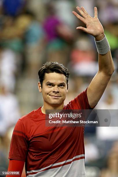 Milos Raonic of Canada celebrates his win over Gael Monfils of France during the BNP Paribas Open at the Indian Wells Tennis Garden on March 17, 2016...