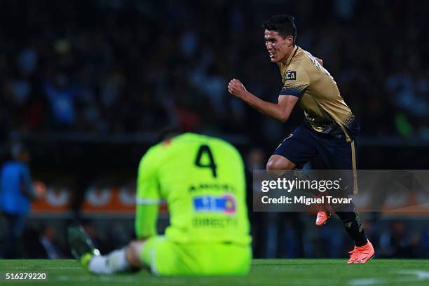 Hibert Ruiz of Pumas celebrates after scoring the second goal of his team during a match between Pumas UNAM and Deportivo Tachira as part of the Copa...