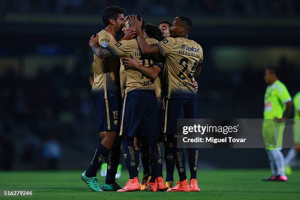 Ismael Sosa of Pumas celebrates after scoring the third goal of his team during a match between Pumas UNAM and Deportivo Tachira as part of the Copa...