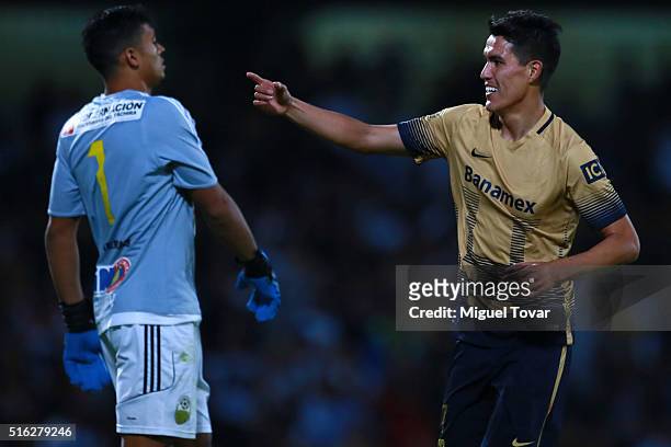 Hibert Ruiz of Pumas celebrates after scoring the second goal of his team during a match between Pumas UNAM and Deportivo Tachira as part of the Copa...