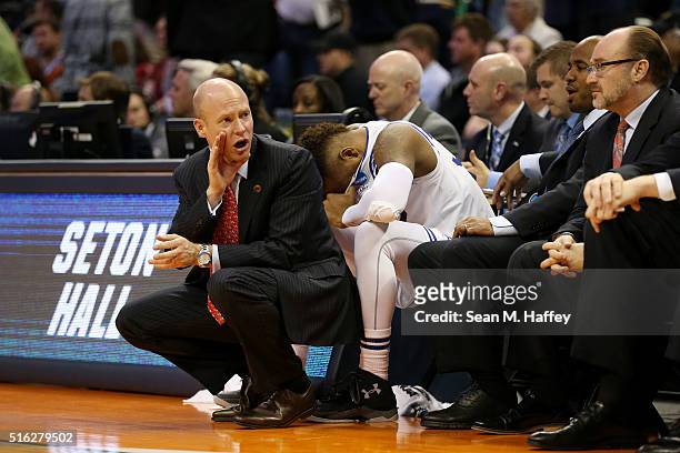 Head coach Kevin Willard and Derrick Gordon of the Seton Hall Pirates react in the second half against the Gonzaga Bulldogs during the first round of...