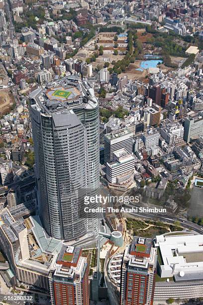 In this aerial image, newly constructed Roppongi Hills is seen on April 17, 2003 in Tokyo, Japan.