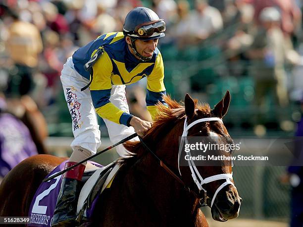 Jockey John Velazquez rides to winner's circle on Speightstown, trained by Todd Pletcher, after the Breeders Cup Sprint, part of the Breeders Cup...