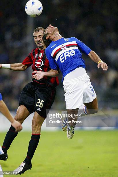 Sampdoria's Fabio Bazzani challenges Milan's Giuseppe Pancaro during the Italian Serie A match between Sampdoria and AC Milan at Stadio Luigi...