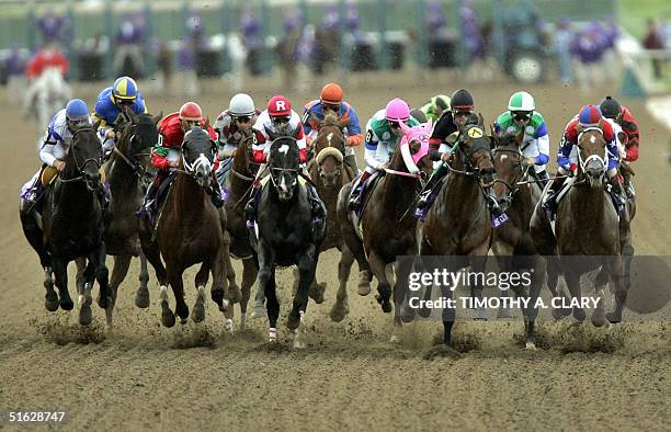 Ghostzapper with jockey Javier Castellano is in the front of the pack as they leave the starting gate on his way to winning the four million-dollar...