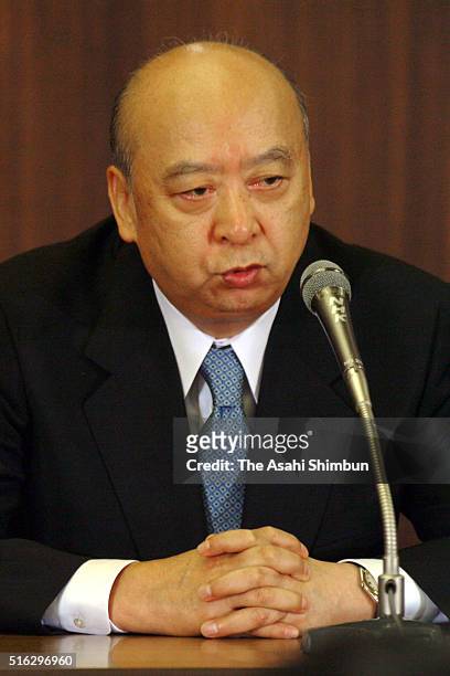 National Broadcaster Nippon Hoso Kyokai President Katsuji Ebisawa speaks during a press conference on July 8, 2003 in Tokyo, Japan.