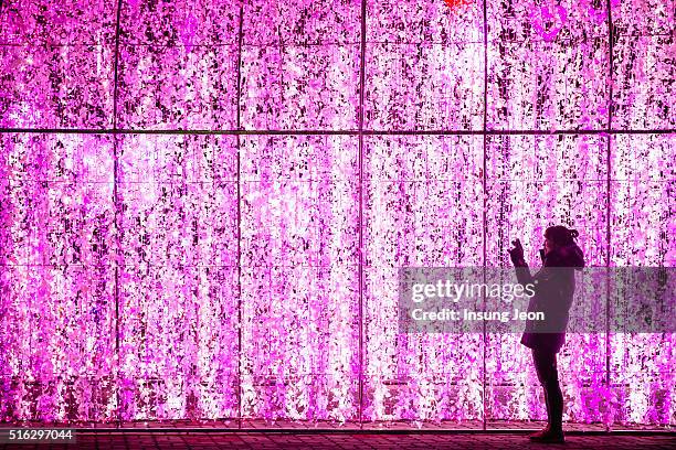 young woman enjoying led illuminated wall - illuminated wall stock pictures, royalty-free photos & images