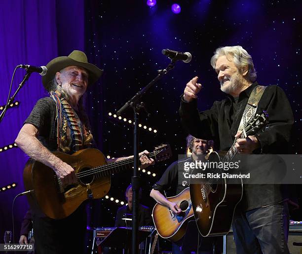 Willie Nelson and Kris Kristofferson perform at The Life & Songs of Kris Kristofferson produced by Blackbird Presents at Bridgestone Arena on March...