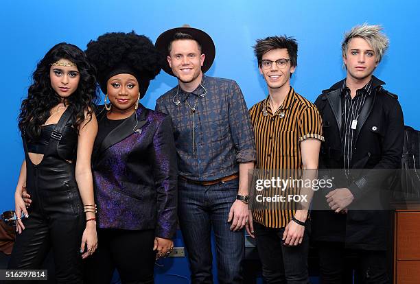 Top 5 contestants Sonika Vaid, La'Porsha Renae, Trent Harmon, MacKenzie Bourg and Dalton Rapattoni backstage at FOX's American Idol Season 15 on...