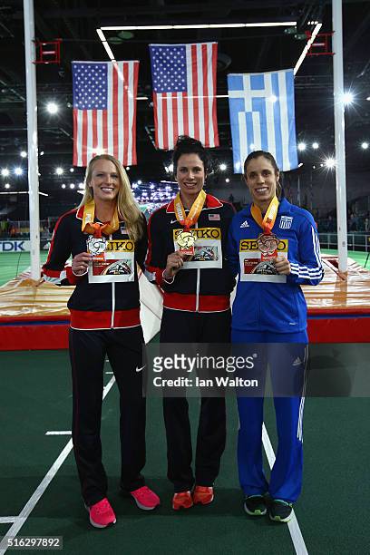 Bronze medallist Ekaterini Stefanidi of Greece, gold medallist Jennifer Suhr of the United States and silver medallist Sandi Morris of the United...