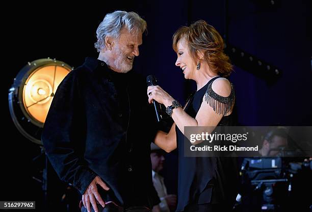 Reba McEntire and Kris Kristofferson perform at The Life & Songs of Kris Kristofferson produced by Blackbird Presents at Bridgestone Arena on March...