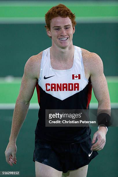 Shawnacy Barber of Canada competes in the Men's Pole Vault Final during day one of the IAAF World Indoor Championships at Oregon Convention Center on...