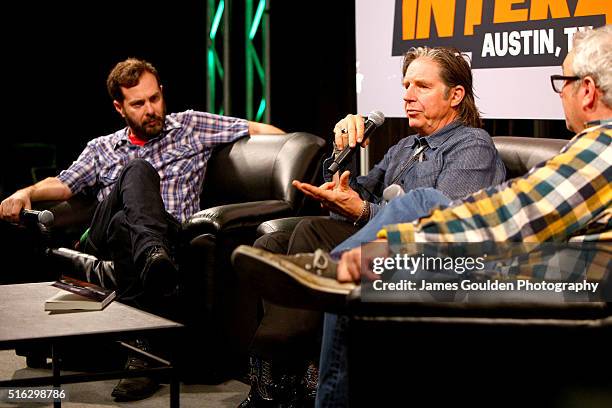 Tom DeSavia, musicians John Doe and Mike Watt speak onstage at 'Under the Big Black Sun: A Conversation with John Doe and Mike Watt' during the 2016...