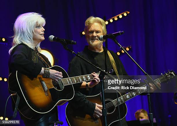 Emmylou Harris and Kris Kristofferson perform at The Life & Songs of Kris Kristofferson produced by Blackbird Presents at Bridgestone Arena on March...