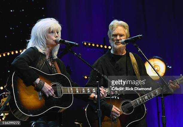Emmylou Harris and Kris Kristofferson perform at The Life & Songs of Kris Kristofferson produced by Blackbird Presents at Bridgestone Arena on March...
