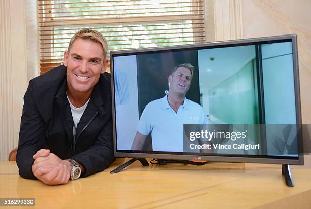 Shane Warne poses during a media opportunity at Advanced Hair Studio on March 18, 2016 in Melbourne, Australia. Shane Warne was promoting the new TV...