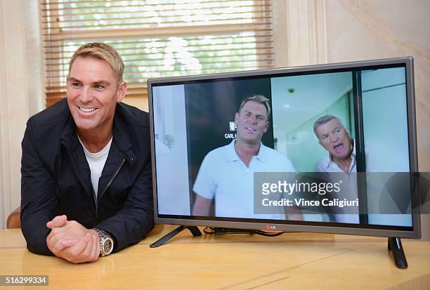 Shane Warne poses during a media opportunity at Advanced Hair Studio on March 18, 2016 in Melbourne, Australia. Shane Warne was promoting the new TV...