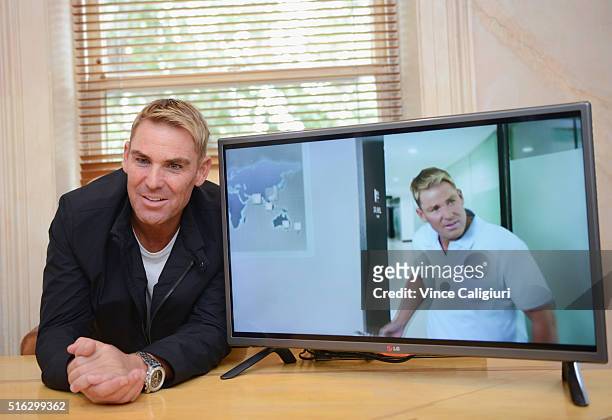 Shane Warne poses during a media opportunity at Advanced Hair Studio on March 18, 2016 in Melbourne, Australia. Shane Warne was promoting the new TV...
