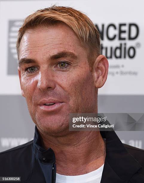 Shane Warne speaks to the media during a media opportunity at Advanced Hair Studio on March 18, 2016 in Melbourne, Australia. Shane Warne was...