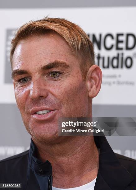 Shane Warne speaks to the media during a media opportunity at Advanced Hair Studio on March 18, 2016 in Melbourne, Australia. Shane Warne was...