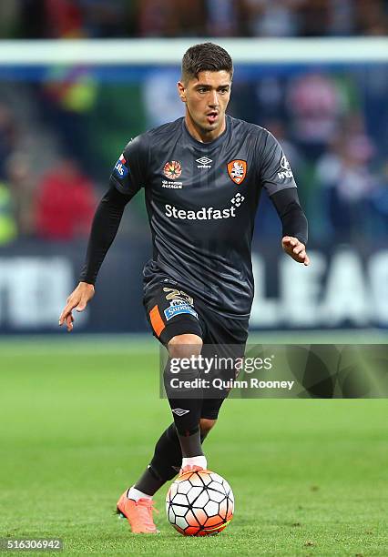 Dimitri Petratos of the Roar passes the ball during the round 24 A-League match between Melbourne City and Brisbane Roar at AAMI Park on March 18,...