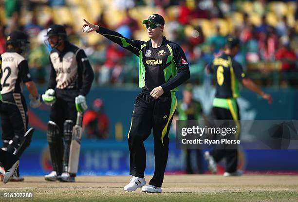 Steve Smith of Australia sets his field during the ICC World Twenty20 India 2016 Super 10s Group 2 match between Australia and New Zealand at HPCA...