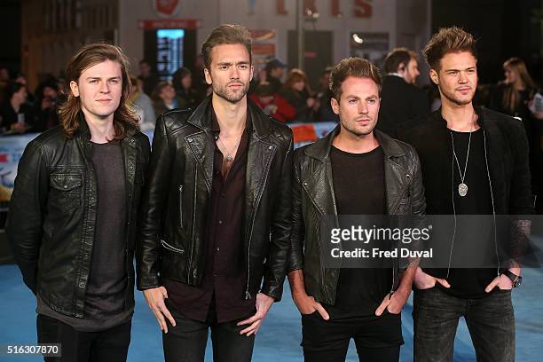 Joel Peat, Andy Brown, Adam Pitts and Ryan Fletcher of Lawson attend the European premiere of "Eddie The Eagle" at Odeon Leicester Square on March...