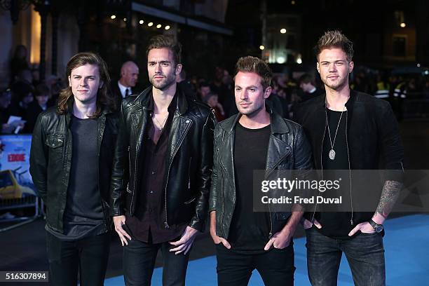 Joel Peat, Andy Brown, Adam Pitts and Ryan Fletcher of Lawson attend the European premiere of "Eddie The Eagle" at Odeon Leicester Square on March...