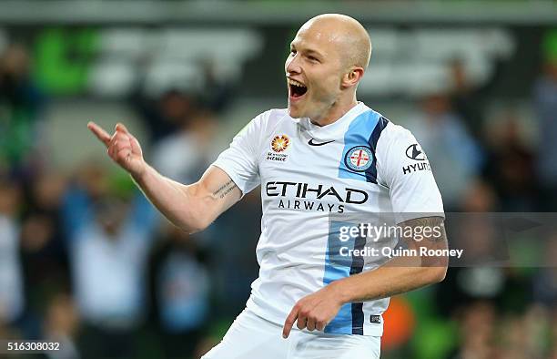 Aaron Mooy of City celebrates after scoring a goal during the round 24 A-League match between Melbourne City and Brisbane Roar at AAMI Park on March...