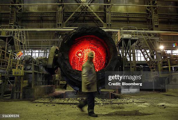 Furnace lining bricks glow red hot in a furnace at the ArcelorMittal steel plant in Zenica, Bosnia, on Thursday, March 17, 2016. Steel has become a...