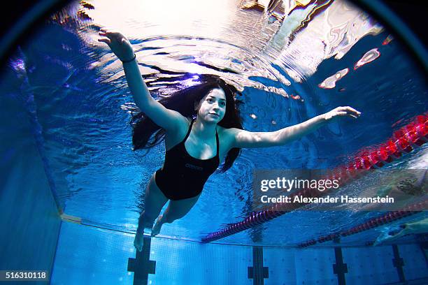 Yusra Mardini of Syria during a training session at the Wasserfreunde Spandau 04 training pool Olympiapark Berlin on March 9, 2016 in Berlin, Germany.