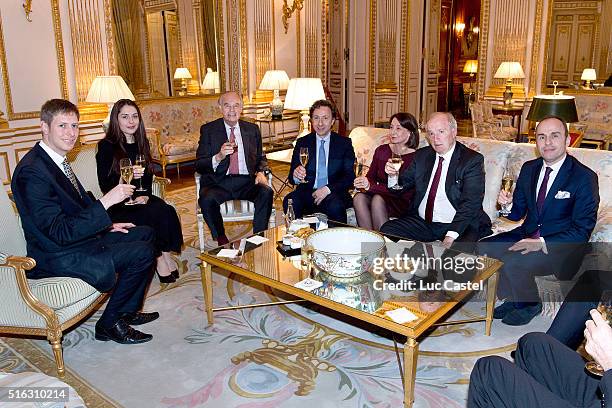 Prince Leka of Albania, his fiancee Elia Zaharia, journalist Frederic Mitterrand, journalist Stephane Bern, Miss Hubert Vedrine , her husband...