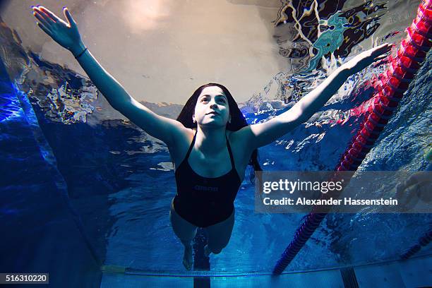 Yusra Mardini of Syria during a training session at the Wasserfreunde Spandau 04 training pool Olympiapark Berlin on March 9, 2016 in Berlin, Germany.