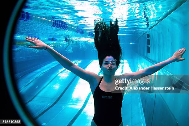 Yusra Mardini of Syria during a training session at the Wasserfreunde Spandau 04 training pool Olympiapark Berlin on March 9, 2016 in Berlin, Germany.