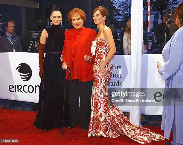 Grainne Seoige, Maureen O'Hara and Lorraine Keane arrive for the The Irish Film and Television Awards at the Burlington Hotel, on October 30, 2004 in...