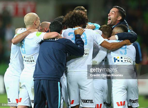 Melbourne City players celebrate a goal by Nick Fitzgerald during the round 24 A-League match between Melbourne City and Brisbane Roar at AAMI Park...