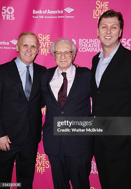 Scott Ellis, Sheldon Harnick and Warren Carlyle attends the Broadway Opening Night Performance press reception for 'She Loves Me' at Studio 54 on...