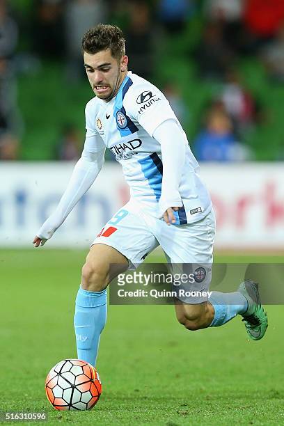 Benjamin Garuccio of City controls the ball during the round 24 A-League match between Melbourne City and Brisbane Roar at AAMI Park on March 18,...