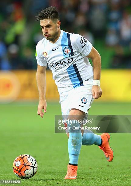 Bruno Fornaroli of City controls the ball during the round 24 A-League match between Melbourne City and Brisbane Roar at AAMI Park on March 18, 2016...