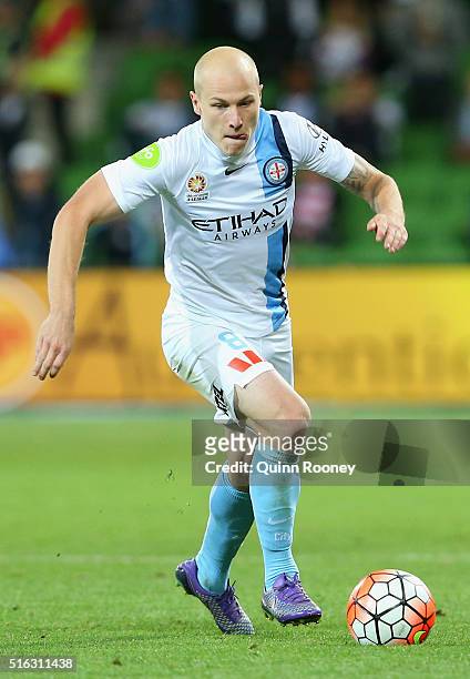 Aaron Mooy of City controls the ball during the round 24 A-League match between Melbourne City and Brisbane Roar at AAMI Park on March 18, 2016 in...