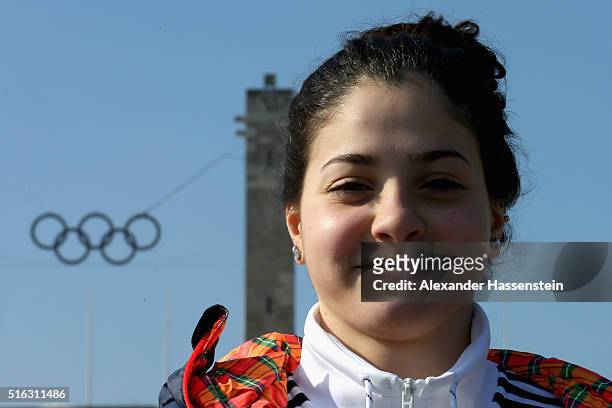 Yusra Mardini of Syria visit the Olympiastadium Olympiapark Berlin on March 9, 2016 in Berlin, Germany.