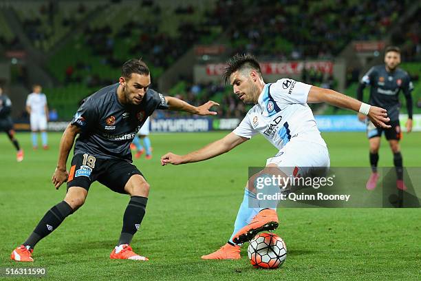 Bruno Fornaroli of City controls the ball infront of Jack Hingert of the Roar during the round 24 A-League match between Melbourne City and Brisbane...