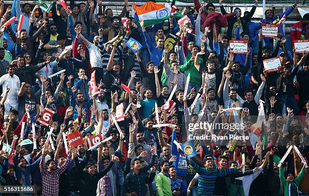 Crowd cheer during the ICC World Twenty20 India 2016 Super 10s Group 2 match between Australia and New Zealand at HPCA Stadium on March 18, 2016 in...