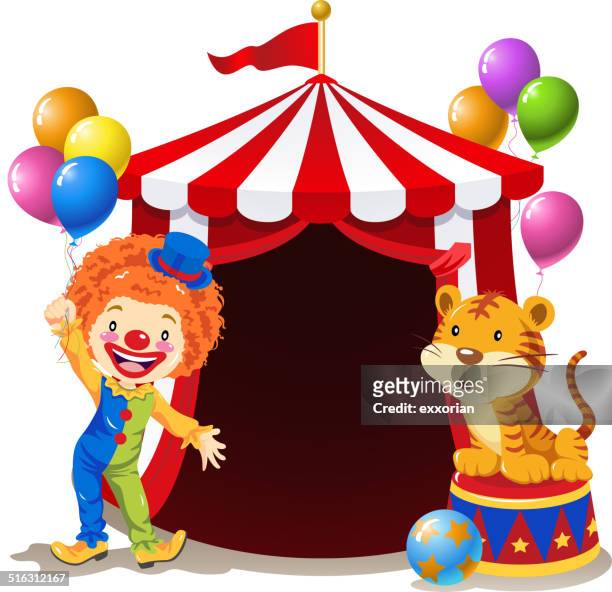 clown and tiger in front of circus tent - clown stock illustrations