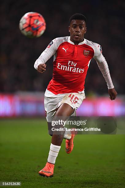 Alex Iwobi of Arsenal in action during the Emirates FA Cup Fifth Round Replay match between Hull City and Arsenal at KC Stadium on March 8, 2016 in...