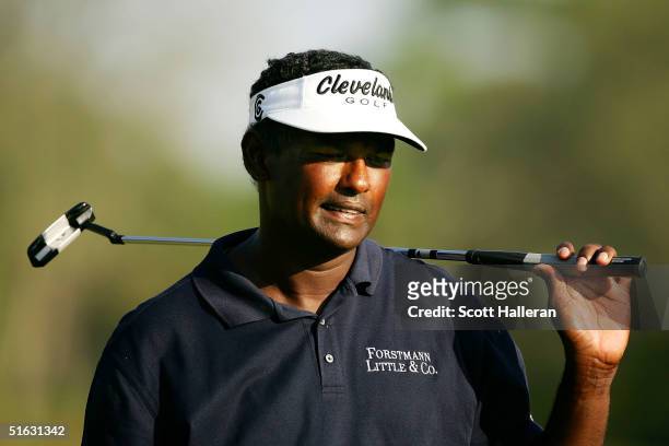 Vijay Singh of Fiji watches a missed putt on the 14th green on the Copperhead Course at the Innisbrook Resort during the final round of the Chrysler...
