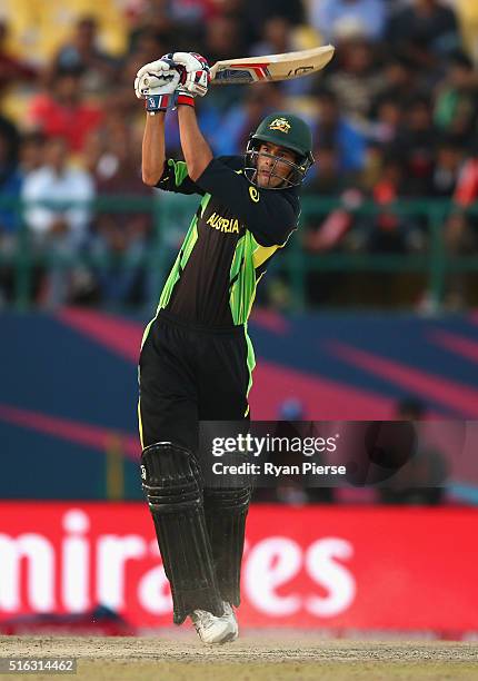 Ashton Agar of Australia hits a six during the ICC World Twenty20 India 2016 Super 10s Group 2 match between Australia and New Zealand at HPCA...