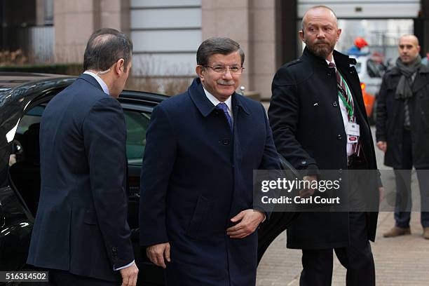 Turkey's Prime Minister, Ahmet Davutoglu, arrives at the Council of the European Union on the second day of an EU summit, on March 18, 2016 in...